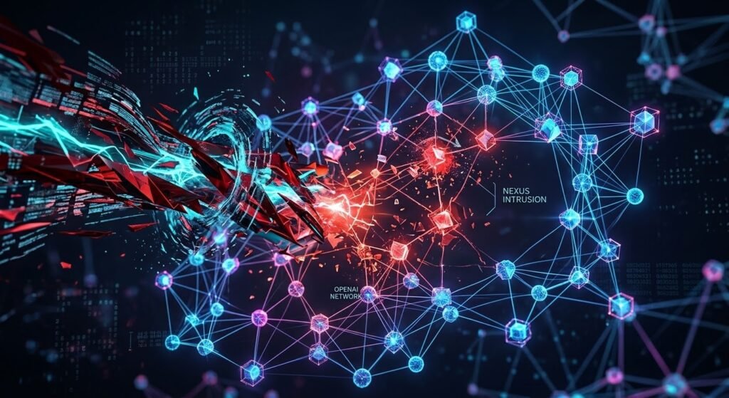 Representación de un enjambre de agentes de inteligencia artificial vulnerando una red digital